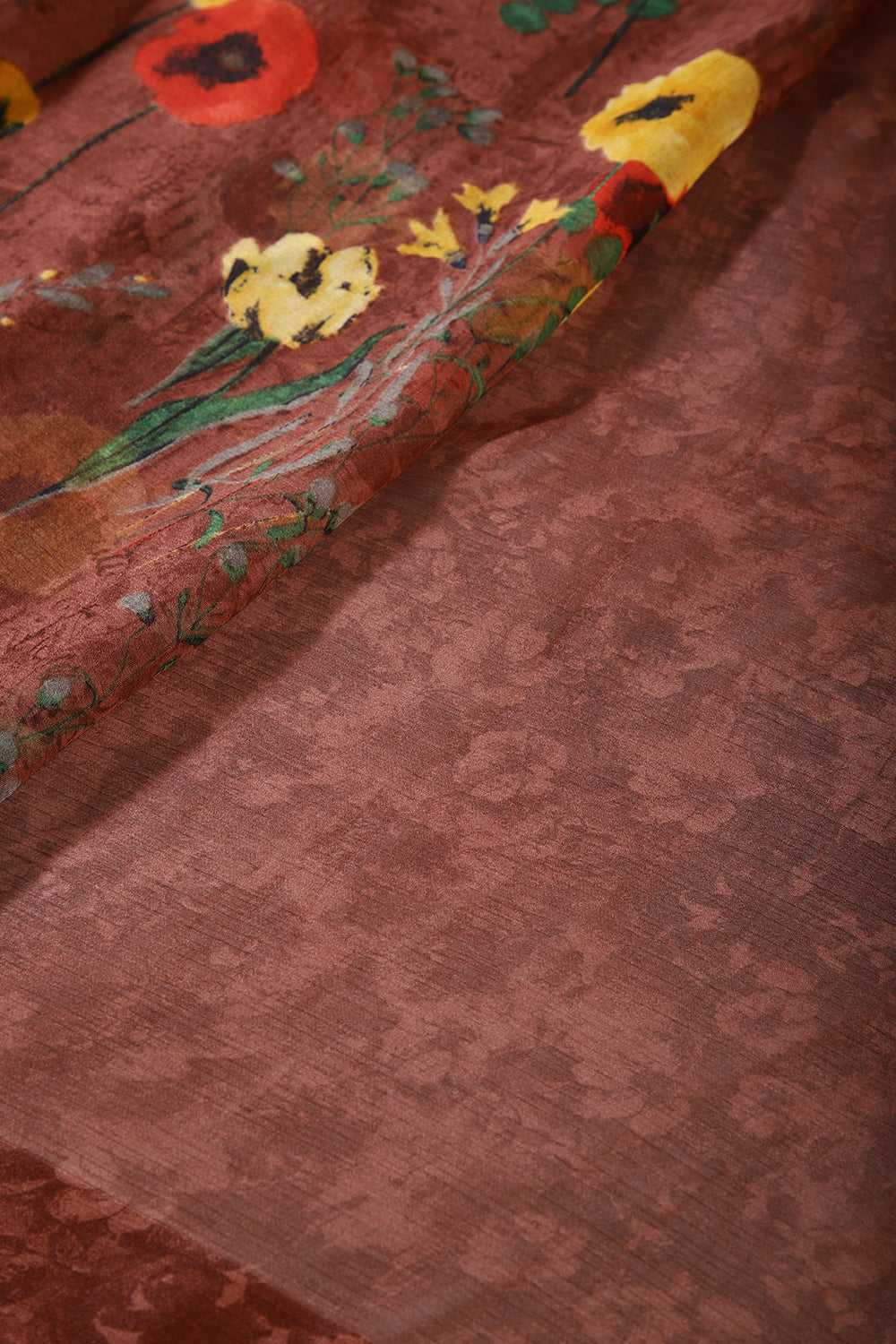 Brown Color Floral Printed Chiffon Saree