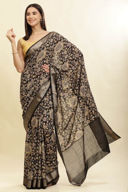 Black Floral Printed & Zari Border Cotton Silk Saree