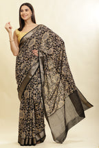Black Floral Printed & Zari Border Cotton Silk Saree