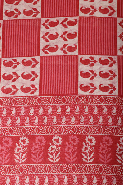 Cream & Red Cotton Dabu Block Print Unstitched Suit Material