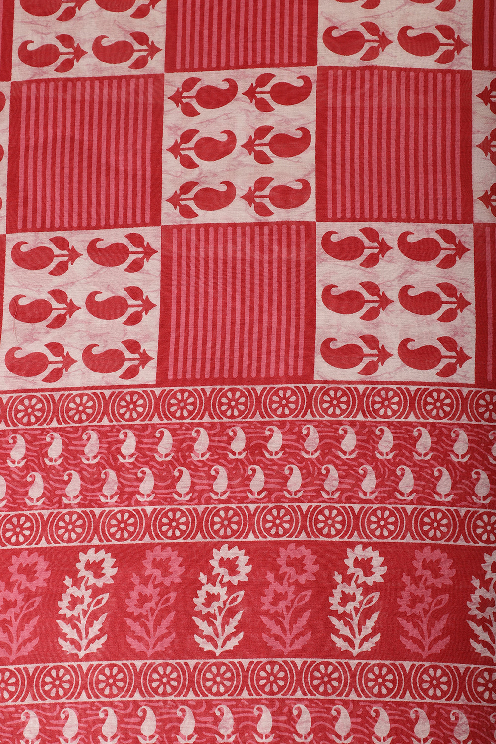 Cream & Red Cotton Dabu Block Print Unstitched Suit Material