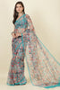 Turquoise Floral Printed Chiffon Saree
