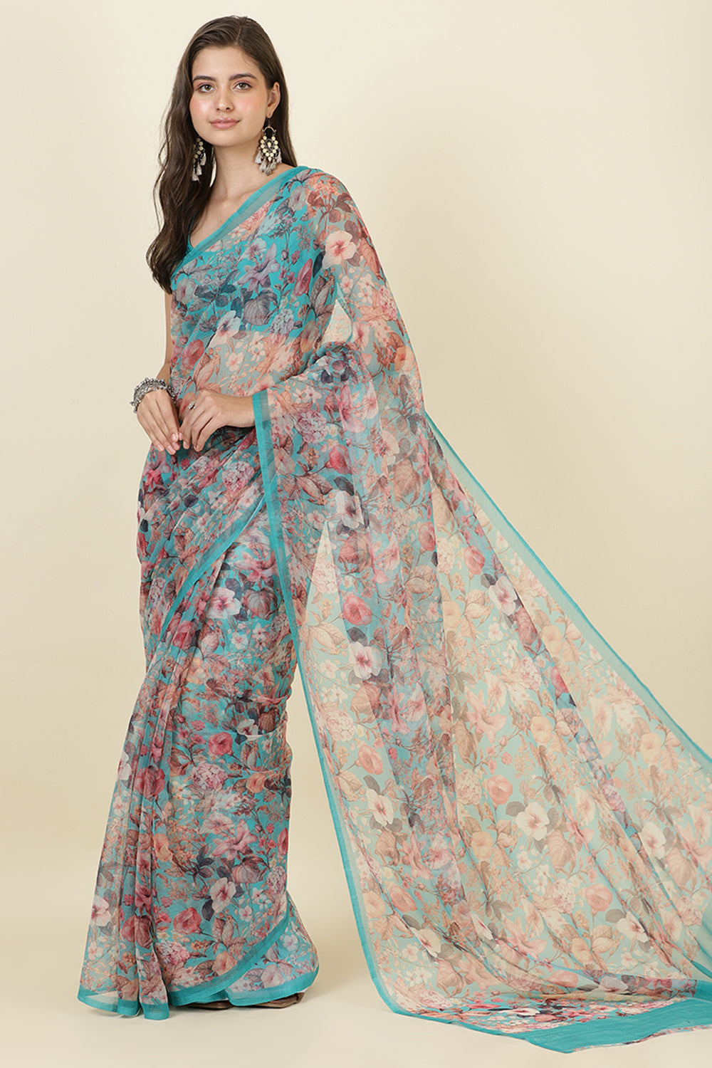Turquoise Floral Printed Chiffon Saree