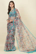 Turquoise Floral Printed Chiffon Saree