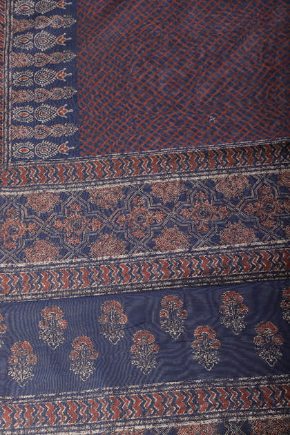 Blue & Rust Color Cotton Printed Saree