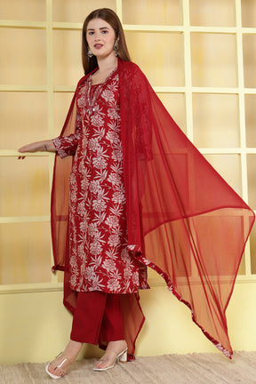 Maroon Floral Printed Cotton Suit Set