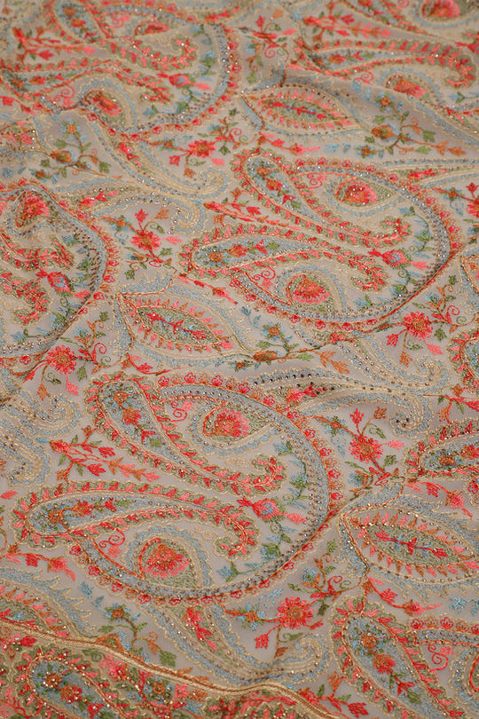 Beige Georggette Resham Embroidered And Swaroski Work Saree