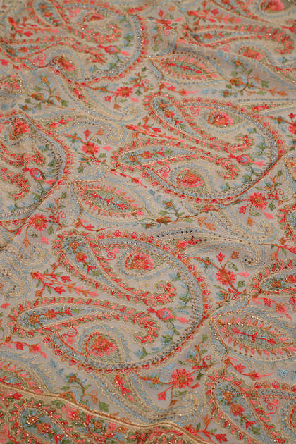 Beige Georggette Resham Embroidered And Swaroski Work Saree