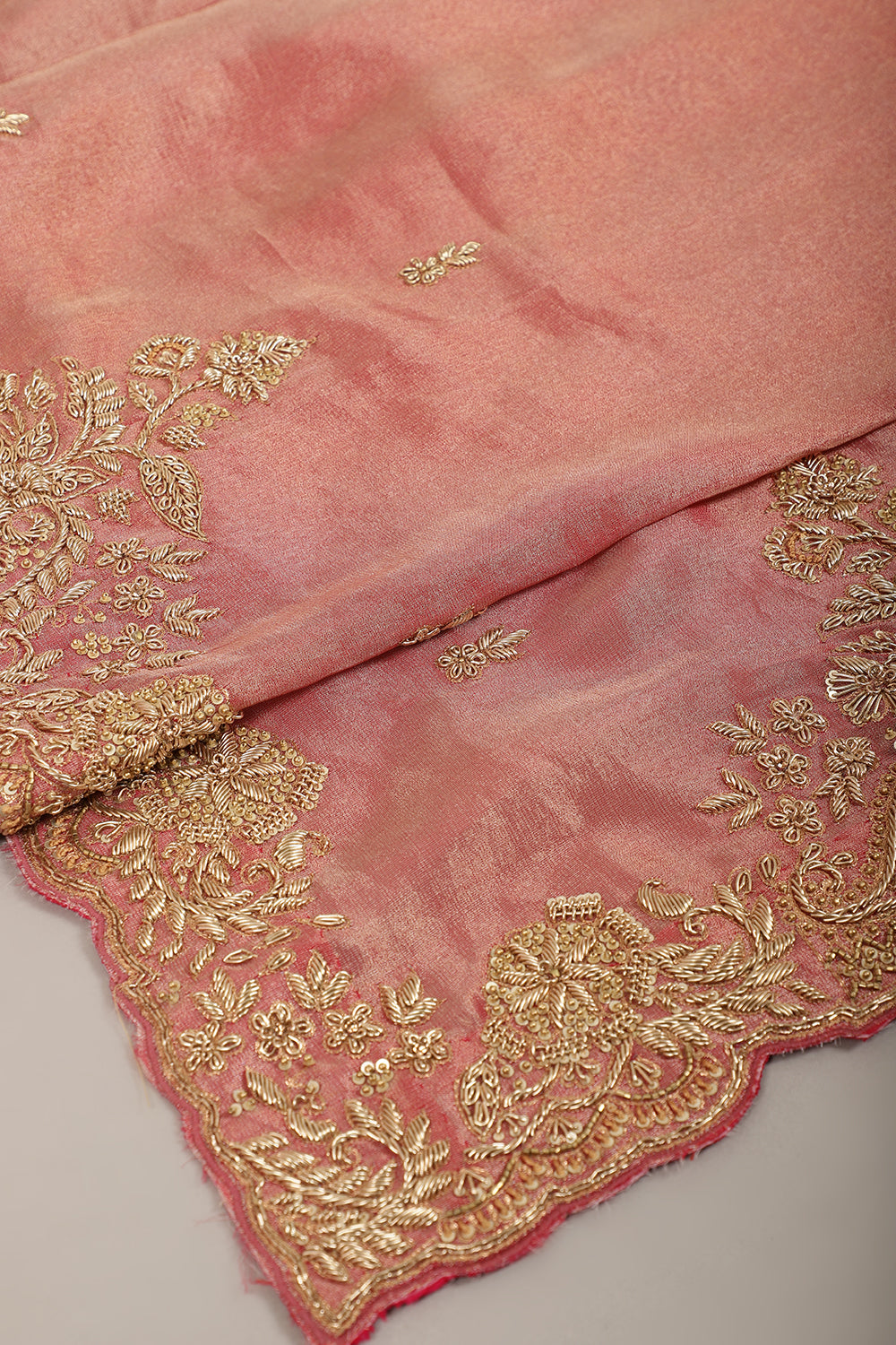 Rani Copper Color Pure Tissue Handloom Saree with Sequence & Zardozi Handwork