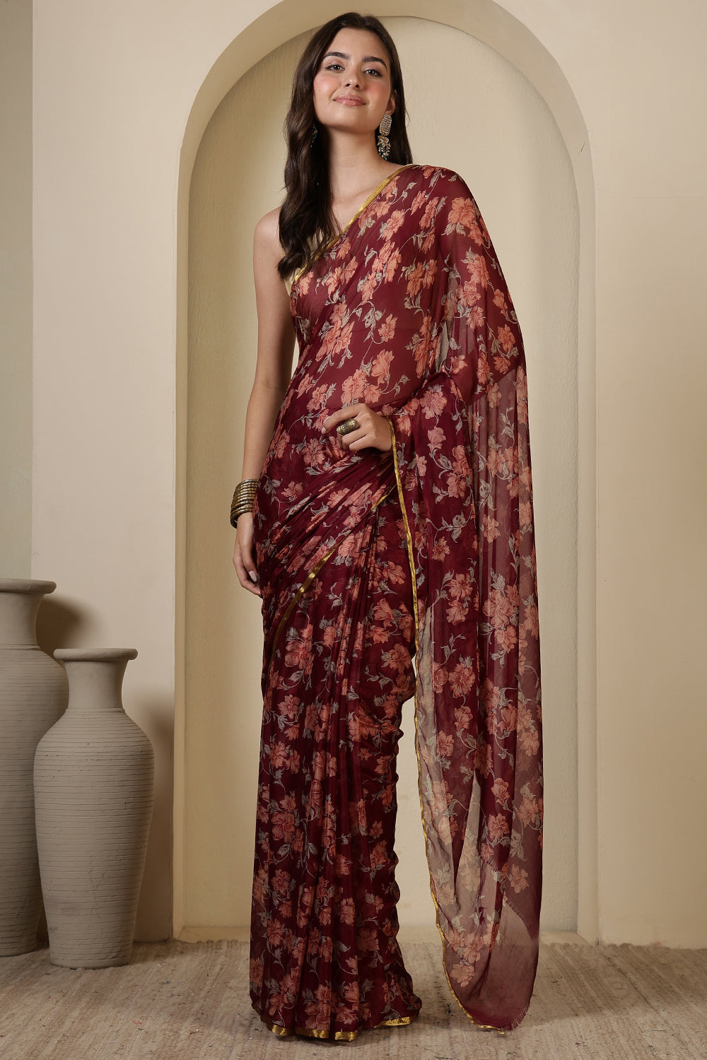Dark Scarlet Chiffon Floral Zari Border & Floral Printed Saree