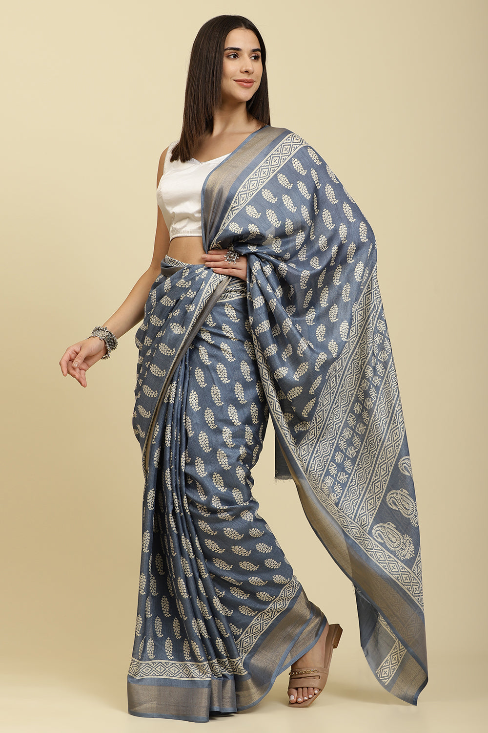 Blue Color Cotton Silk Boota Printed And Zari Woven Saree