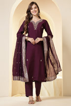 Dark Scarlet Silk Embroidered Suit Set