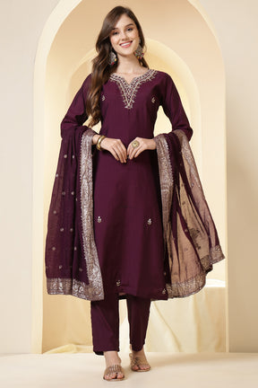 Dark Scarlet Silk Embroidered Suit Set