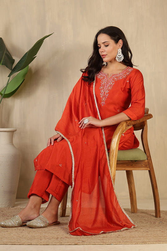 Rust Crepe Silk Neck Embroidered Suit