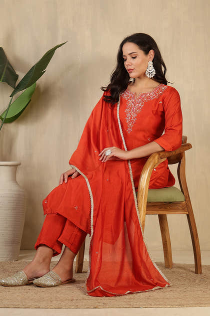 Rust Crepe Silk Neck Embroidered Suit