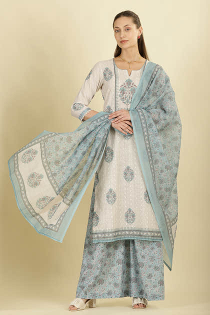 Cream Chanderi Cotton Hacoba Style & Floral Printed Unstitched Suit Material