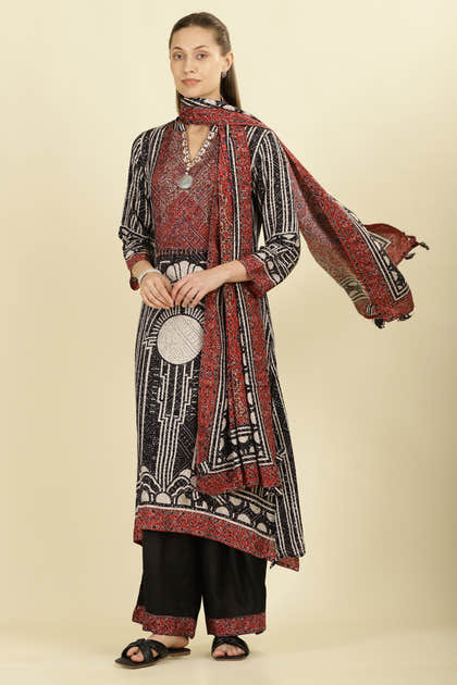 Black Muslin Ajrakh Printed Suit with Palazzo