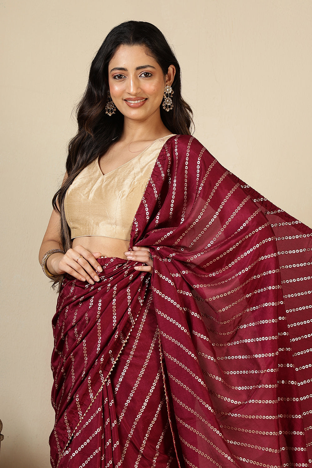 Wine Modal Silk Saree with Zari Pinstripes