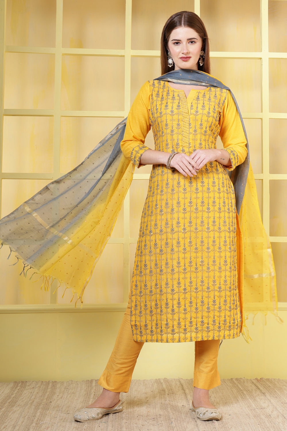 Mustard Chanderi Cotton Resham Embroidered Suit