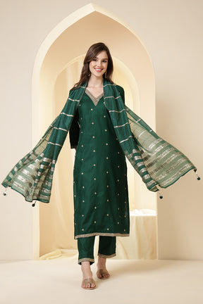 Green Color Silk Embroidered Suit Set