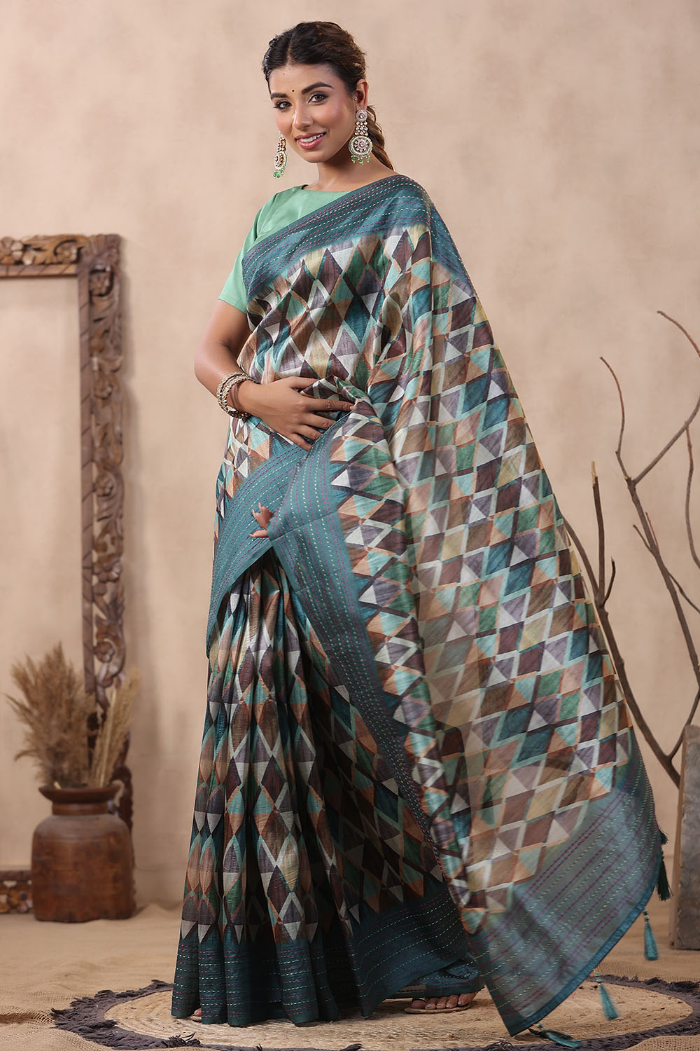 Teal Color Tussar Cotton Printed Saree