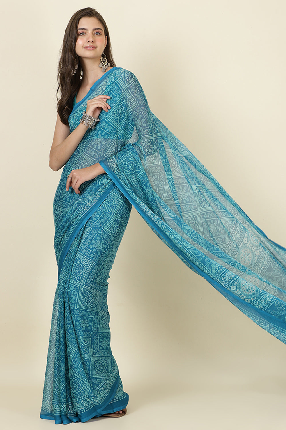 Teal Blue Georgette Bandhani Printed Saree