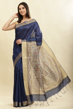 Navy Color Cotton Silk Madhubani Print Saree