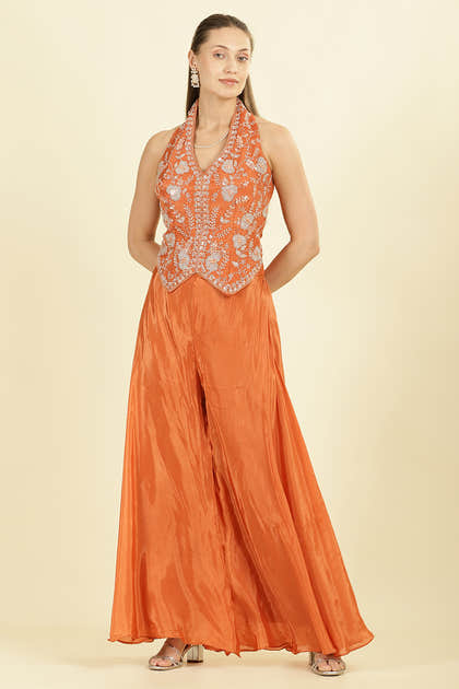 Orange Crepe Silk Emboridered Crop-Top With Palazzo Indo-Western Co-ord Set