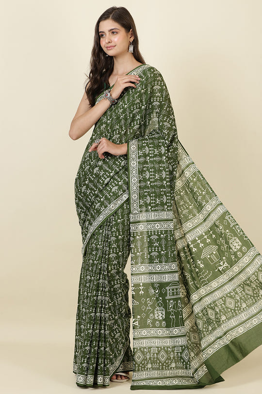 Green Cotton Dhabu Printed Saree
