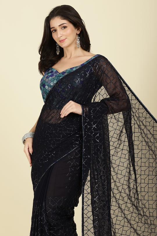 Navy Georgette Sequins Embroidered Saree With Stone Work Readymade Blouse