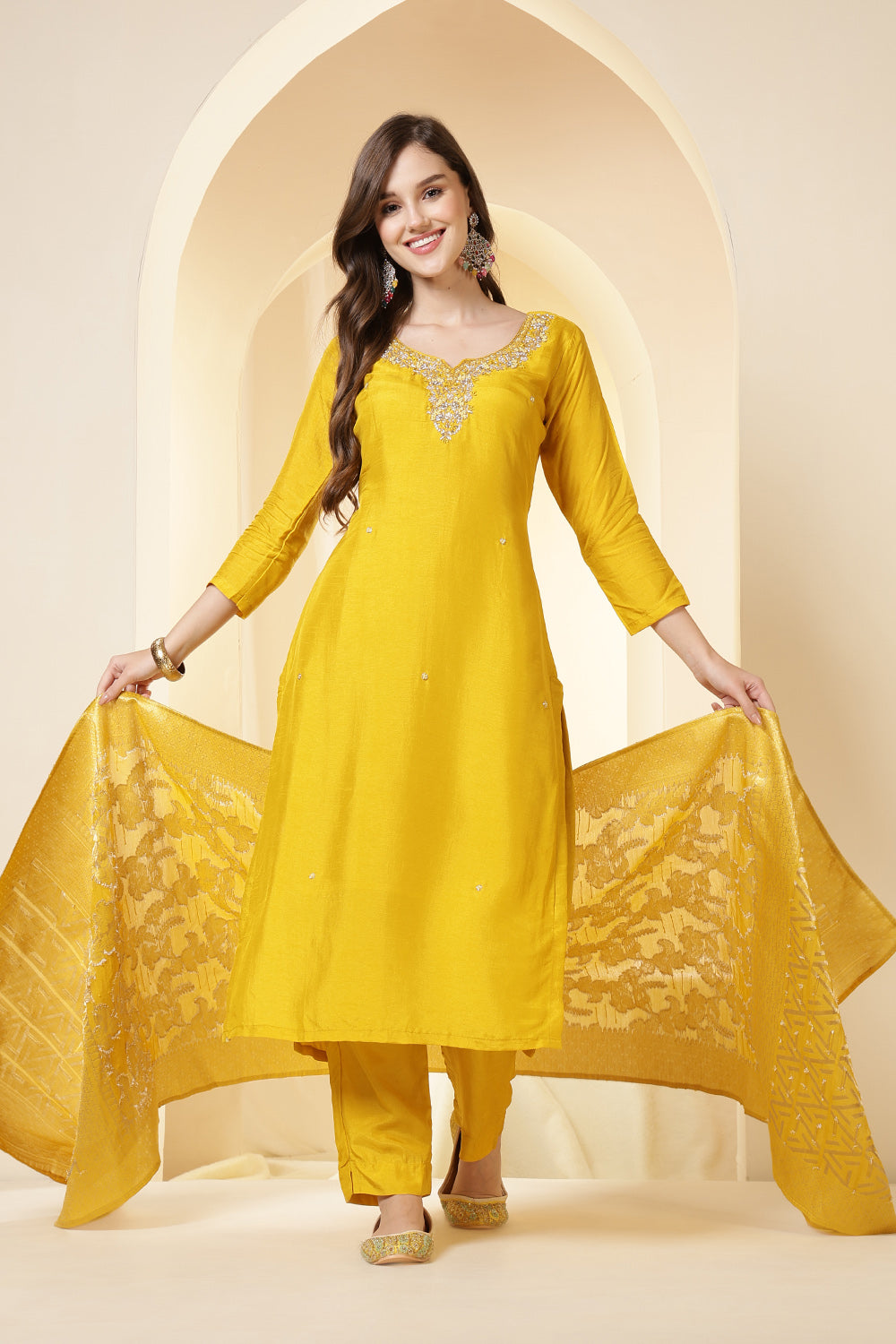 Mustard Color Silk Neck Embroidered Suit Set