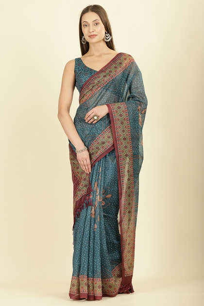 Blue Organza Cotton Bandhani Block Printed Saree