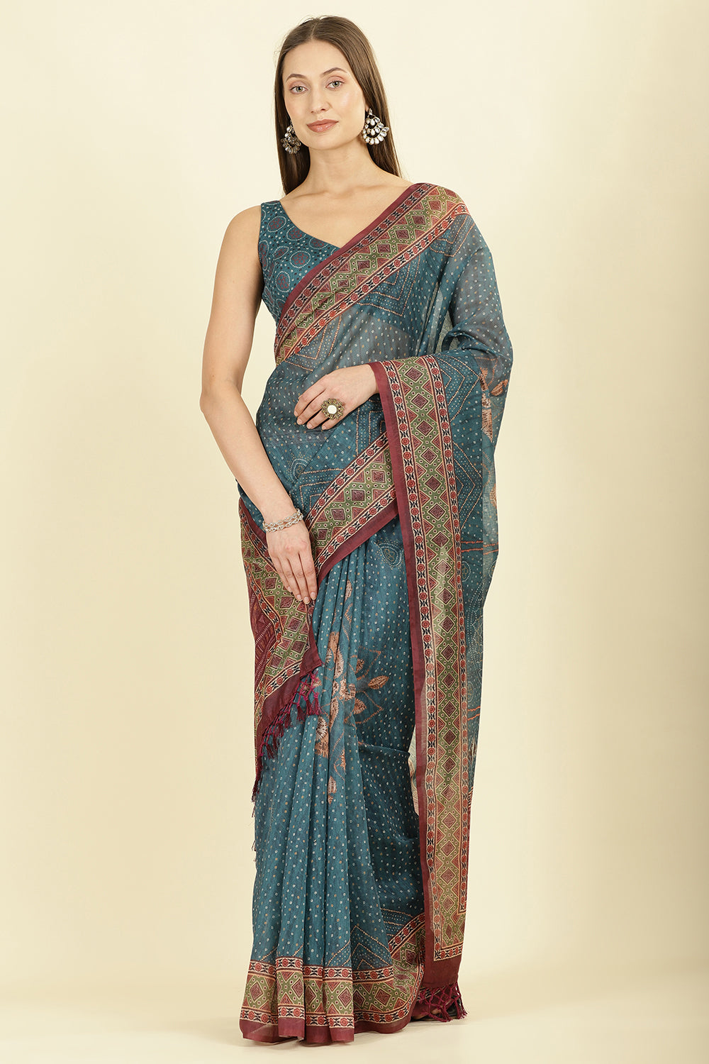 Blue Organza Cotton Bandhani Block Printed Saree