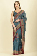 Blue Organza Cotton Bandhani Block Printed Saree
