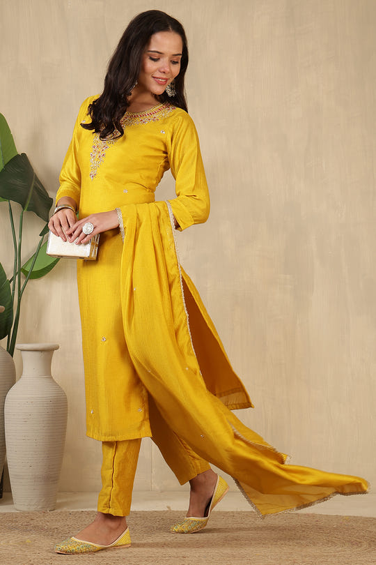 Mustard Crepe Silk Neck Embroidered Suit