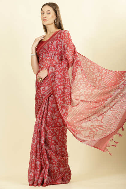 Maroon Kota Cotton Floral Jaal Printed Saree