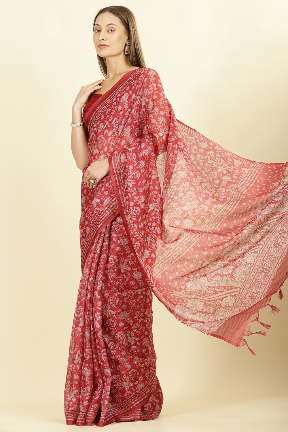 Maroon Kota Cotton Floral Jaal Printed Saree