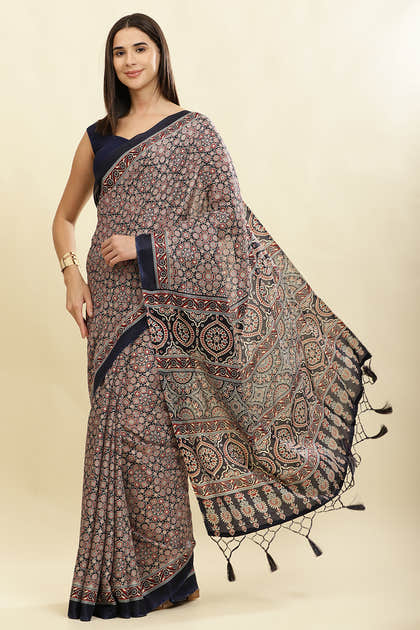 Navy Cotton Silk Ajrakh Block Printed Saree