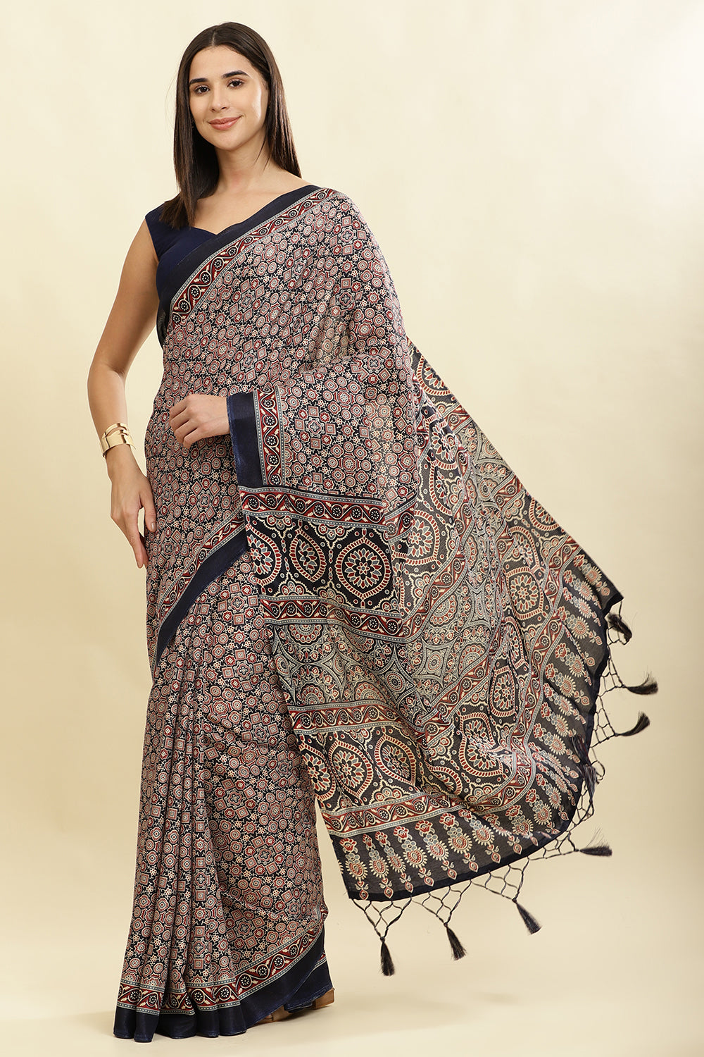 Navy Cotton Silk Ajrakh Block Printed Saree