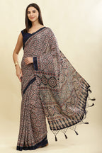Navy Cotton Silk Ajrakh Block Printed Saree
