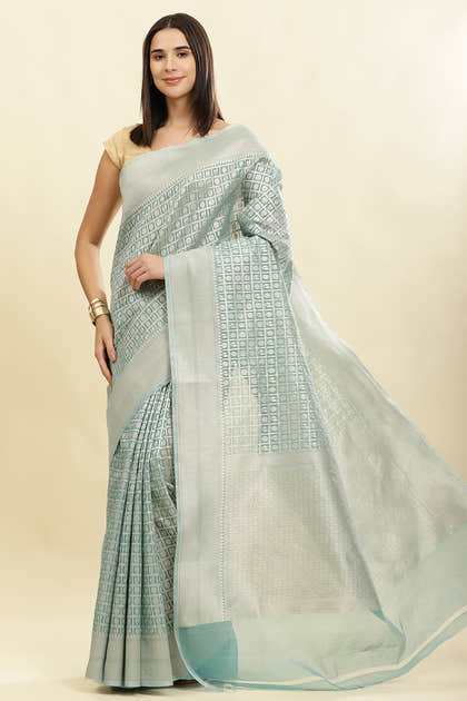Turquoise Chanderi Silk Zari Weaving Saree