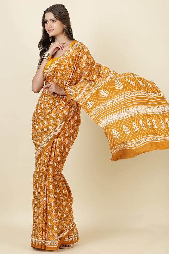 Mustard Cotton Dhabu Printed Saree