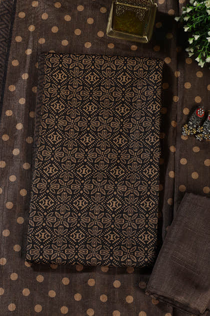 Mehandi & Black Chanderi Cotton Printed Unstiched Suit Material