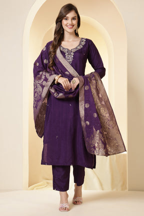 Purple Color Silk Neck Embroidered Suit Set