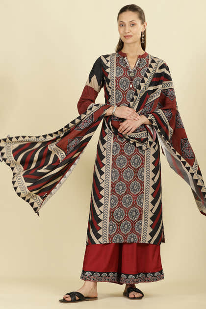 Maroon Muslin Ajrakh Printed Suit with Palazzo