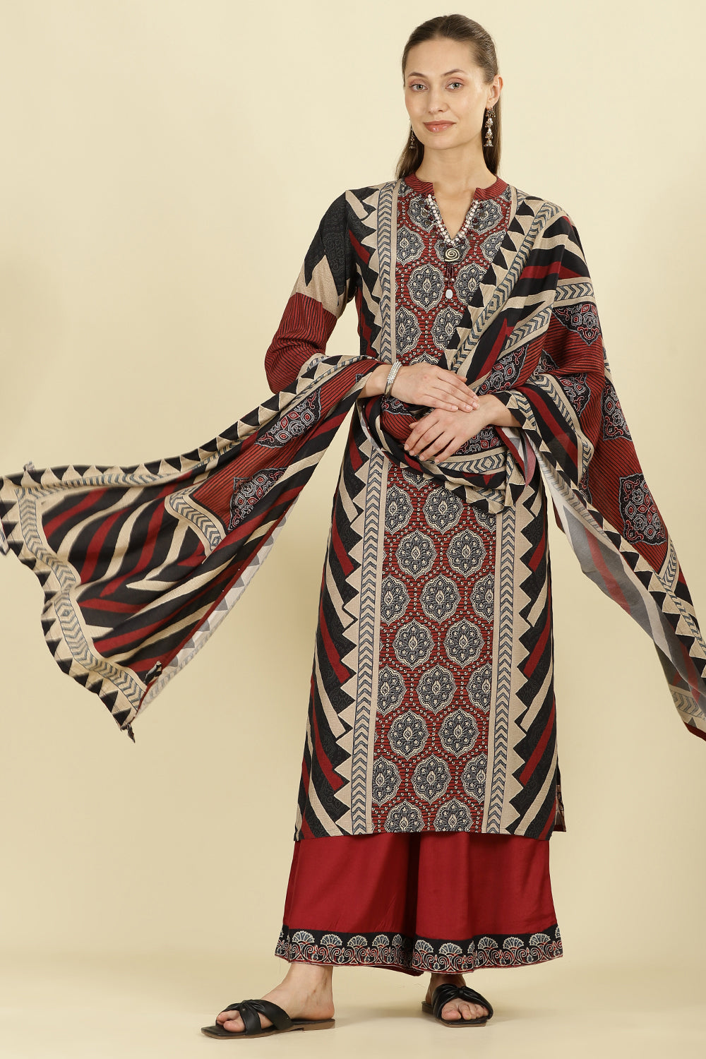 Maroon Muslin Ajrakh Printed Suit with Palazzo