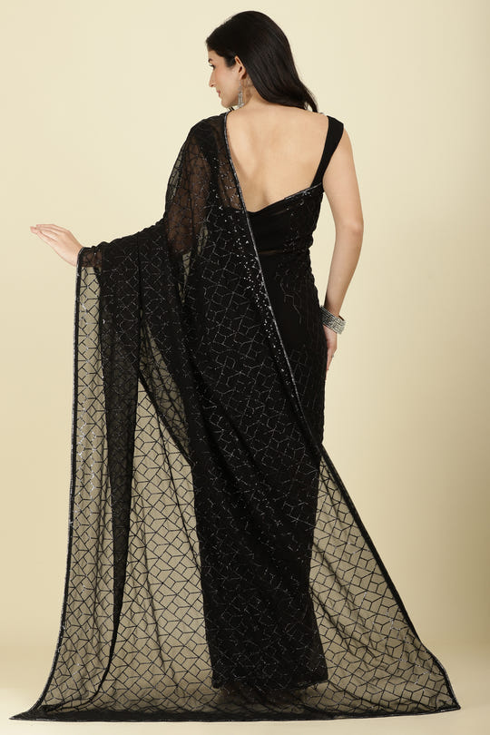Black Georgette Sequins Embroidered Saree With Stone Work Readymade Blouse