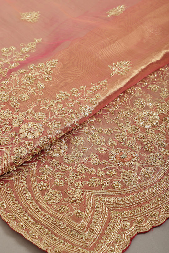 Rani Color Pure Tissue Silk Zardozi & Sequence Handwork Saree with Scalping Border