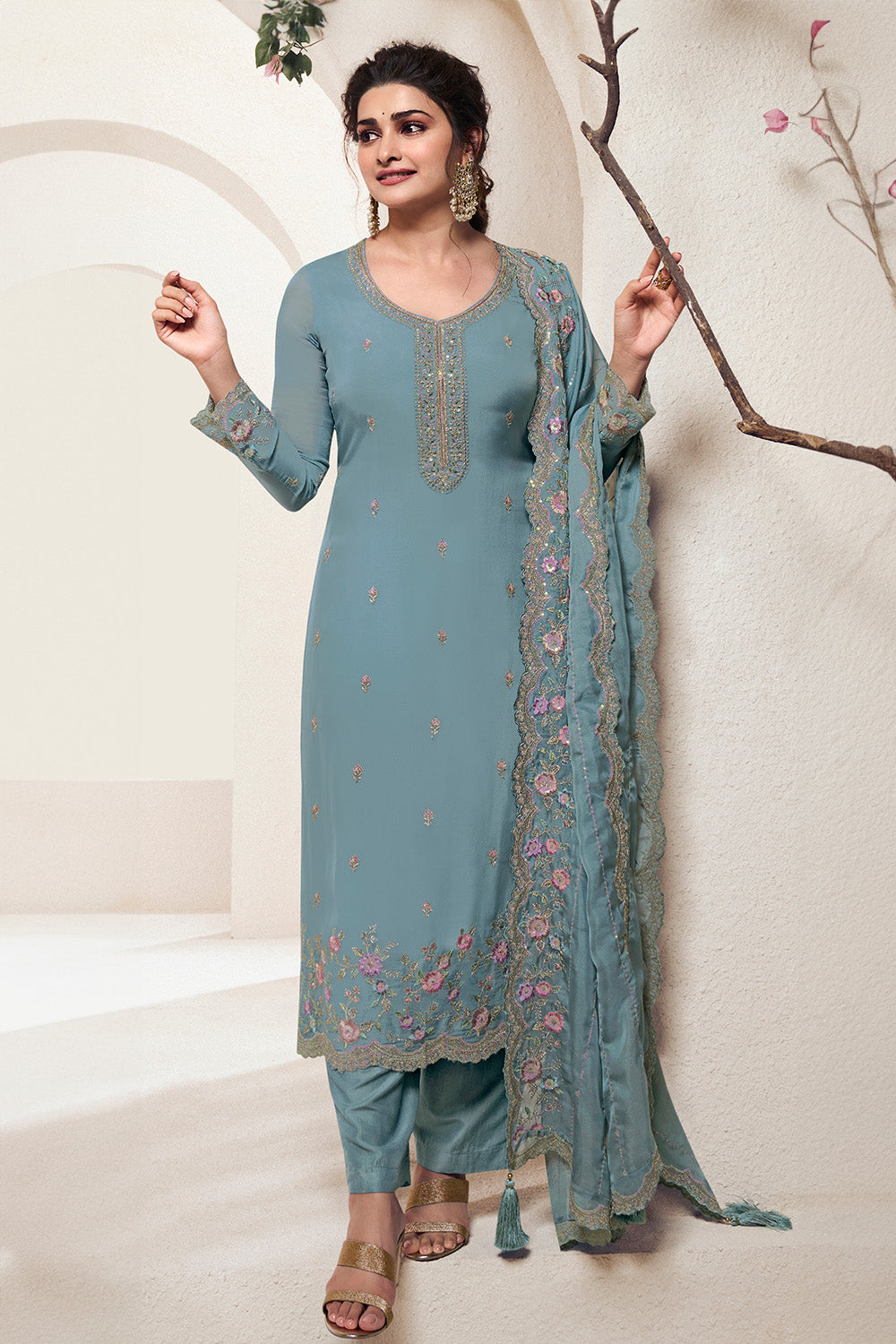 Powder Blue Color Organza  Embroidered Unstitched Suit Material