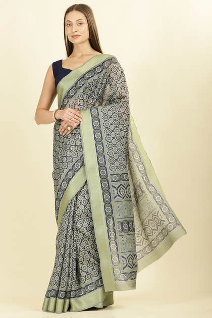 Navy Ajrakh Block Printed Cotton Saree